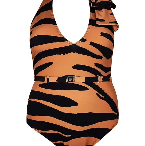 River Island Animal Print Halter One Piece Bathing Suit - Picture 2 of 10